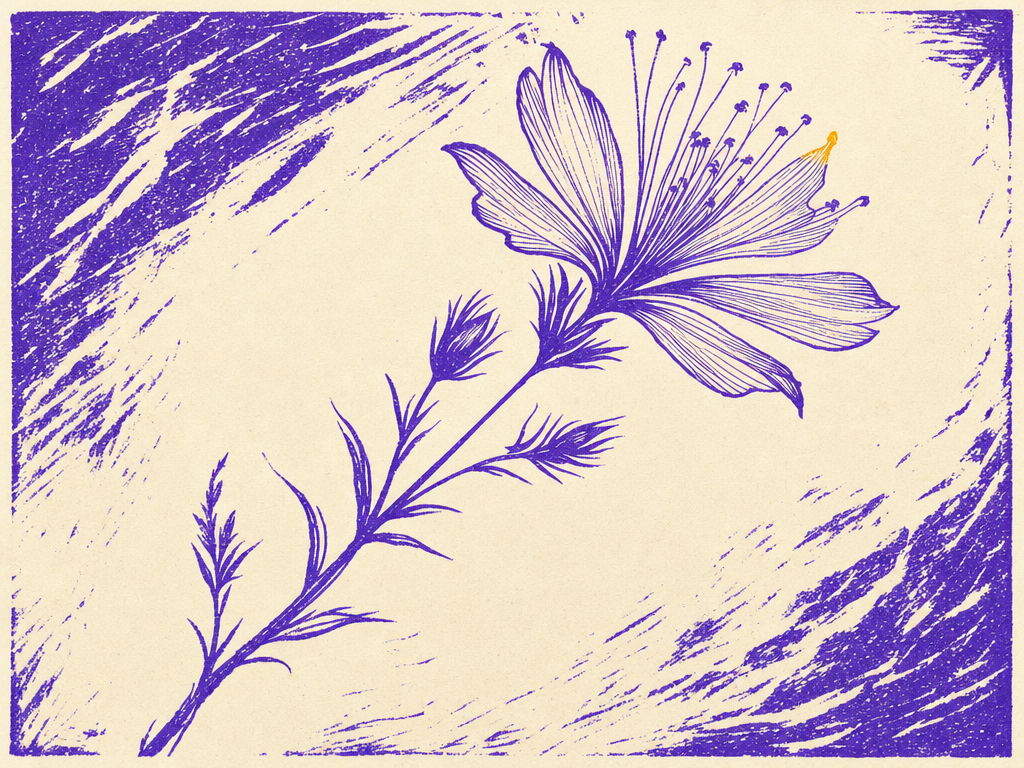 A delicate fine-line wildflower sprig carved in linocut, hairline petals and stamens that vanish the moment a stencil can't hold thin weight.
