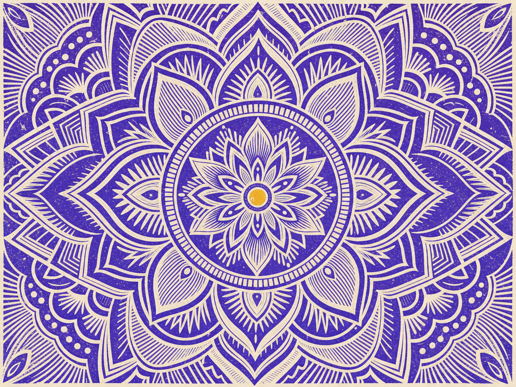 A dense fine-line ornamental mandala carved in linocut, every hairline thin enough to drop out if it prints anything short of true black.