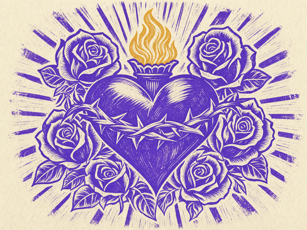 Ornate flaming sacred heart wrapped in roses, carved in a chicano black-and-grey linocut style