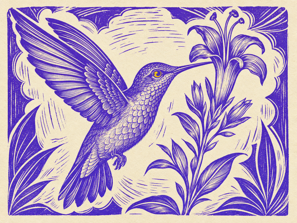 A fine-line hummingbird carved in linocut, hairline feathers against a defined wing edge, the kind of weight variation a stencil has to keep instead of averaging away.